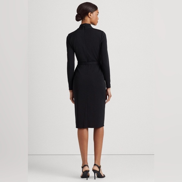 LAUREN RL Black Label Black long sleeve twist neck belted sheath dress size 16 - Picture 2 of 16